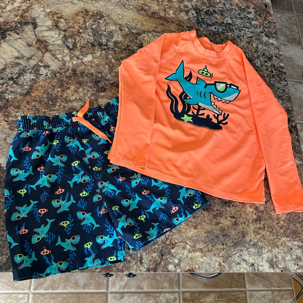 jumping beans Navy Shark Print Swim Trunks with Orange Drawstring